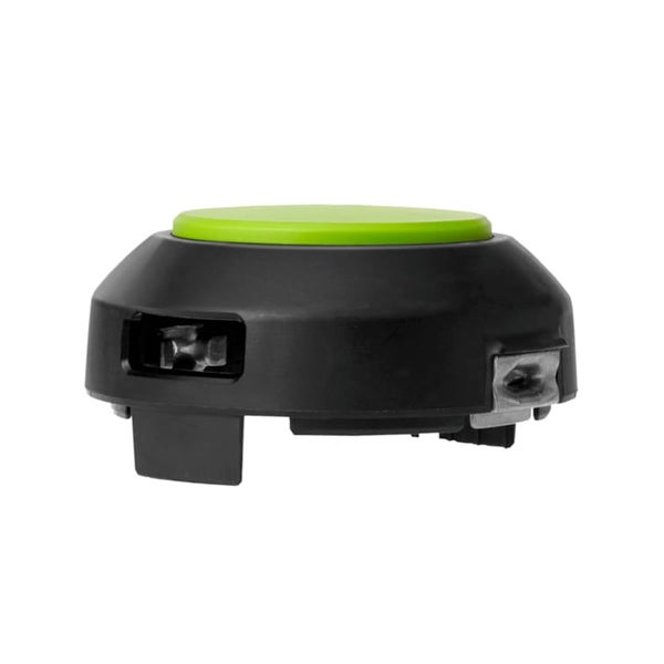 Ersatz-Trimmerkopf für Rasentrimmer aus schwarzem Kunststoff mit grünem Deckel und Metalleinsätzen.