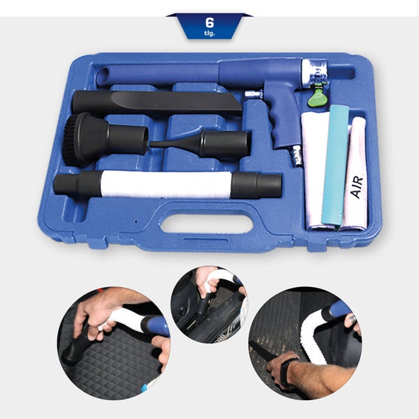 Sechsteiliges Druckluft-Reinigungspistolen-Set im blauen Koffer