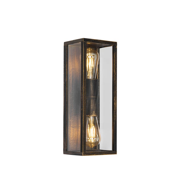 Rechteckige Außenwandleuchte mit Metallrahmen, Glaspaneelen und zwei sichtbaren Leuchtmitteln.