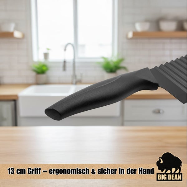 Ergonomischer Messergriff mit 13 cm Länge von Big Dean Logo vor einer Küchenkulisse