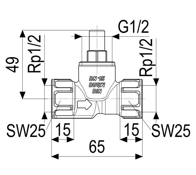 Maßzeichnung eines Ventils DN 15 mit Rp 1/2 Zoll Anschlüssen, Breite 65 Millimeter und Höhe 49 Millimeter, DVGW und DIN zertifiziert.