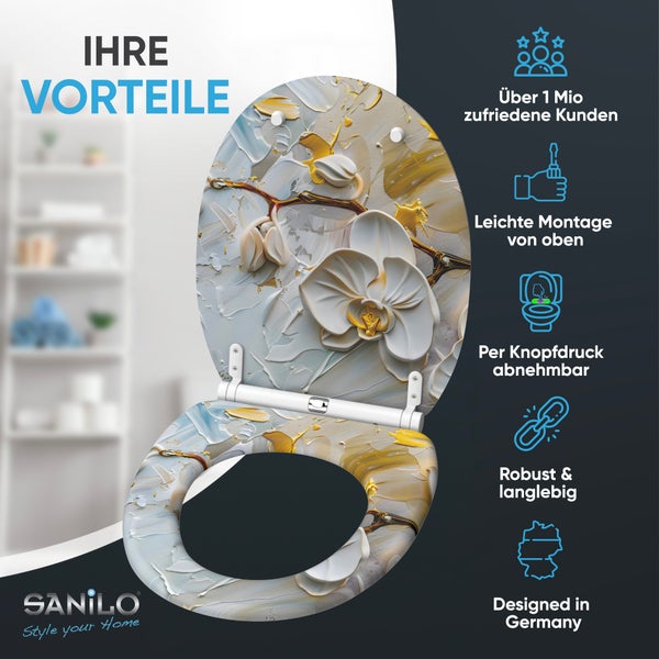 Sanilo WC Sitz mit Orchideen Motiv und Absenkautomatik mit Infografik zu Vorteilen wie leichter Montage und Abnehmbarkeit per Knopfdruck