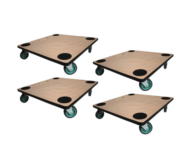 Set aus vier Möbelrollern mit quadratischer Holzplatte und vier rutschfesten Auflagepunkten.