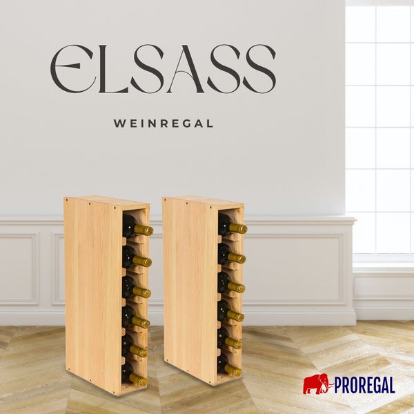 Zwei vertikale Weinregale Elsass aus hellem Holz von Proregal, befüllt mit Weinflaschen in einem hellen Raum.