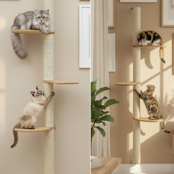 Wandkratzbaum mit Sisalstamm und Holzplattformen für Katzen in einem modernen Wohnraum