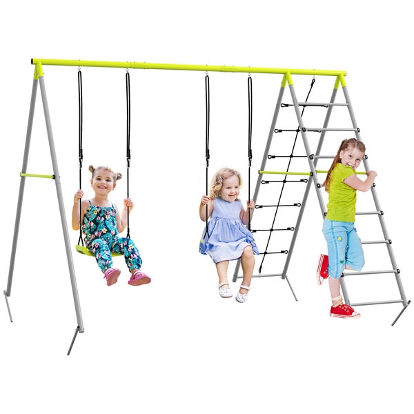 Outsunny Kinderschaukel-Set Schaukelgerüst aus Metall, Schaukelgestell mit Doppelschaukel, Kletternetz, Sprossenleiter, Gartenschaukel für Kinder 3-8 Jahre, Stahl, Grün