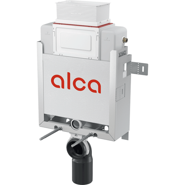 Alca Vorwandelement für Wandtoilette mit Alca Logo, weißem Unterputz-Spülkasten, silbernem Metallrahmen und schwarzem Ablaufbogen.