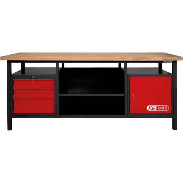 KS Tools Werkbank mit Holz-Arbeitsplatte, schwarzem Metallgestell, drei roten Schubladen, zwei offenen Fächern und einer roten Schranktür.