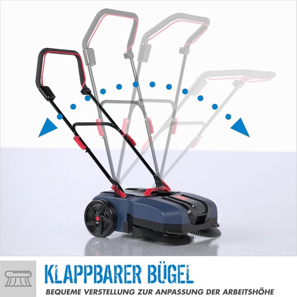 Kehrmaschine mit klappbarem und höhenverstellbarem Schiebebügel zur Anpassung der Arbeitshöhe.