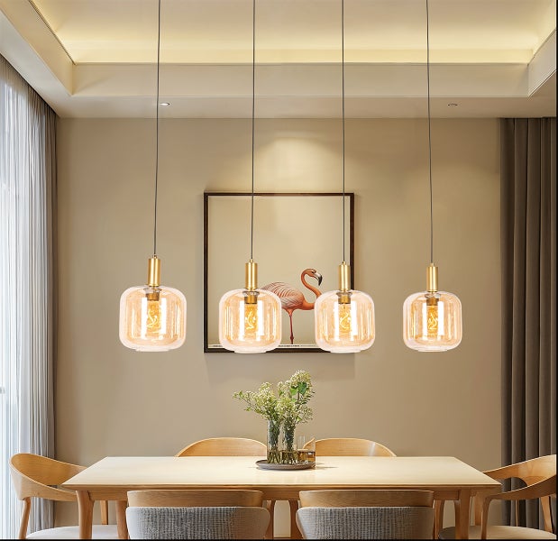Design-Hängelampe schwarz mit Messing und bernsteinfarbenem Glas, 4-flammig – Zuzanna