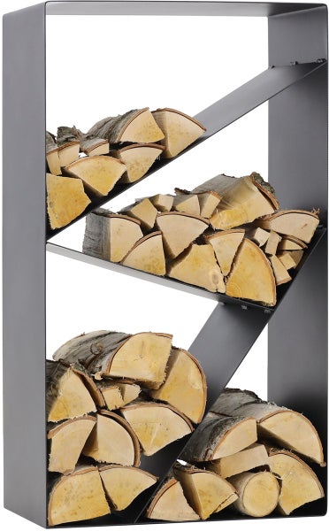 Brennholzregal aus Metall mit Holzscheiten