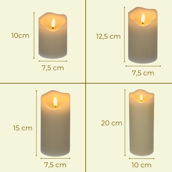 LED-Kerzen in vier verschiedenen Größen: 10 mal 7,5 Zentimeter, 12,5 mal 7,5 Zentimeter, 15 mal 7,5 Zentimeter und 20 mal 10 Zentimeter.