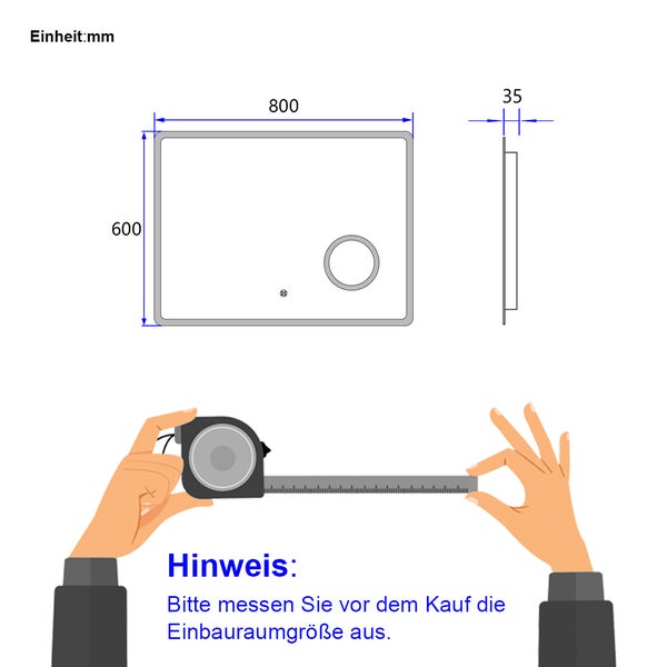 EMKE Badspiegel mit Beleuchtung 80 x 60 cm, Kaltweiß, Touchschalter, Badsiegel mit Bluetooth, Anti-Beschlag, 3-fache Vergrößerung