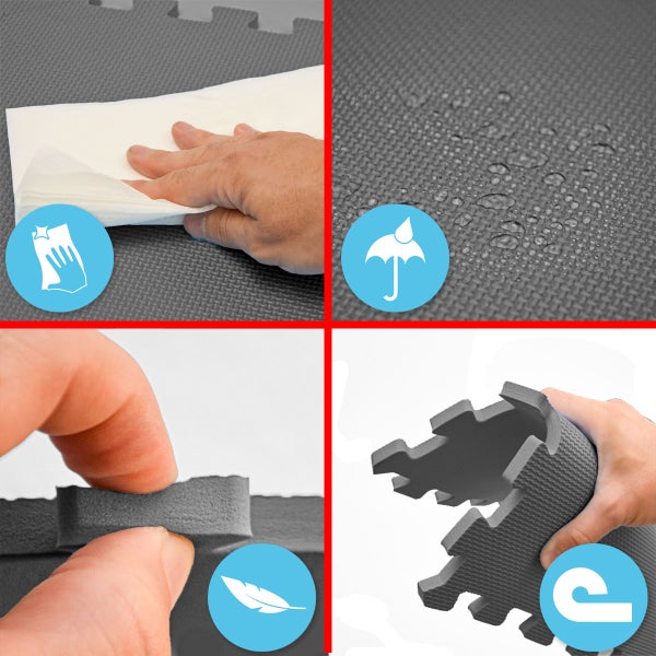 Schaumstoff-Bodenmatte mit Symbolen für leichte Reinigung, Wasserbeständigkeit, geringes Gewicht und Flexibilität.