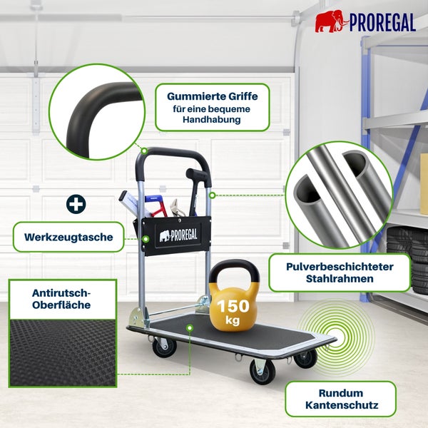 PROREGAL Plattformwagen, 150 Kilogramm Traglast, gummierten Griffen, Werkzeugtasche, Antirutsch-Oberfläche, Kantenschutz. PROREGAL Logo.