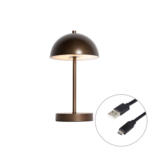 LED-Akkutischleuchte in Bronze mit pilzförmigem Schirm inklusive USB-Ladekabel.