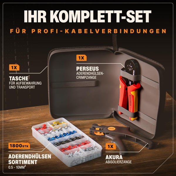 BAURIX® Crimpzange Set mit 1800 Aderendhülsen Set und Abisolierzange, Aderendhülsenzange selbsteinstellend für 0,25-10mm², Krimpzange, Crimp Zange, Presszange, Crimpwerkzeug - Modell: PERSEUS (4-Kant)