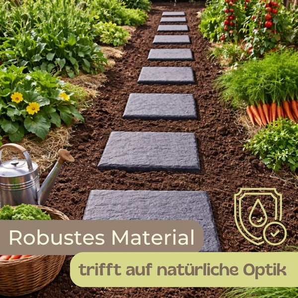 Gartenweg aus rechteckigen Trittsteinen in Schieferoptik in einem Gemüsegarten mit Blumen, Gießkanne und Korb.