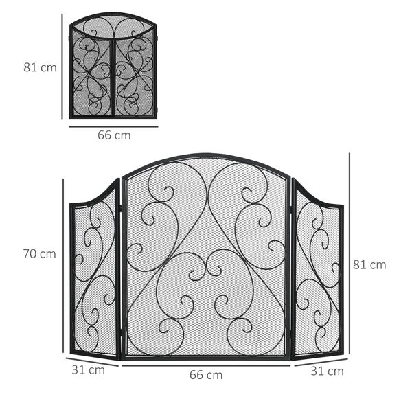 HOMCOM Kamingitter, Klappbares Kaminschutzgitter, Ofenschutzgitter mit 3 Paneelen, Funkenschutzgitter im Vintage-Design für Wohnzimmer, Metall, Schwarz 66 x 31 x 81 cm