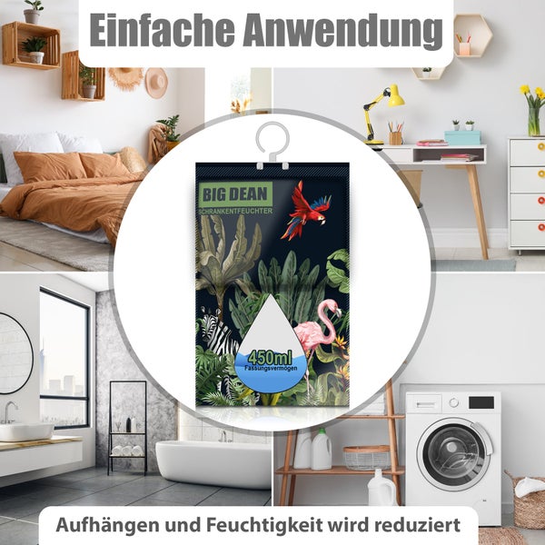 Big Dean Schrankentfeuchter mit 450 Milliliter Fassungsvermögen zum Aufhängen zur Reduzierung von Feuchtigkeit in verschiedenen Wohnräumen.
