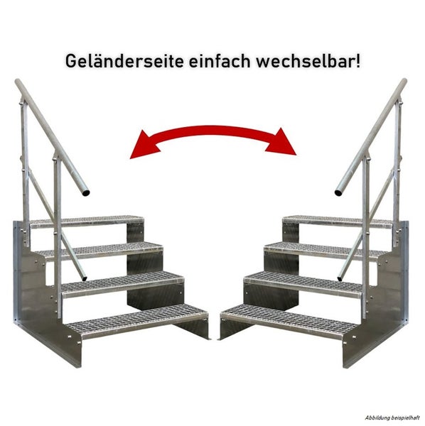 Stahltreppe mit vier Gitterroststufen und einem Geländer, das wahlweise links oder rechts montiert werden kann.