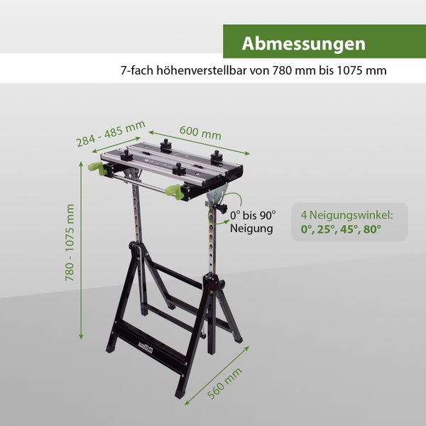 Maßskizze eines höhenverstellbaren Werktischs mit Angaben zur Arbeitshöhe, Spannbreite und Neigungswinkeln zur Veranschaulichung der Abmessungen.