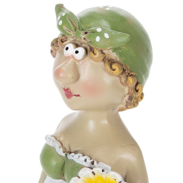 Dekofigur Frau mit Kopftuch und Bikini, hält eine Blume.