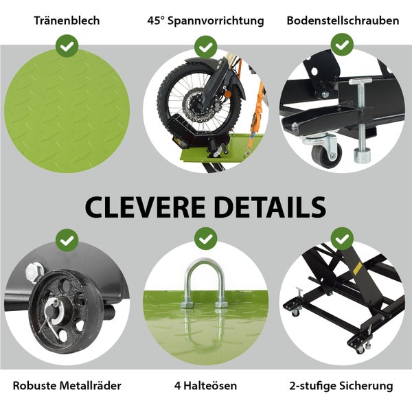 Motorradheber Details: Riffelblech, 45 Grad Spannvorrichtung, Bodenstellschrauben, robuste Metallräder, vier Halteösen, zweistufige Sicherung