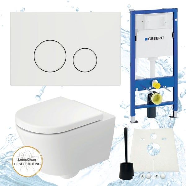 Komplettset bestehend aus Wand-Tiefspülklosett, Betätigungsplatte, Vorwandelement und Zubehör