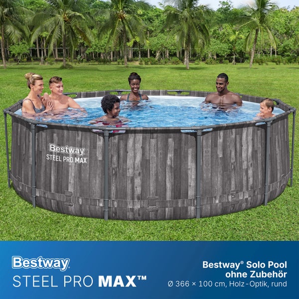 Runder Bestway Steel Pro Max Rahmenpool in Holz-Optik, Durchmesser 366 Zentimeter, Höhe 100 Zentimeter, mit Personen in einem Garten.
