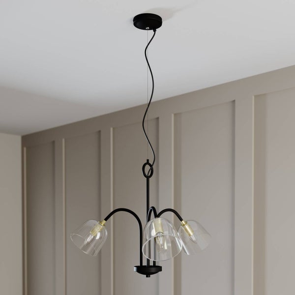 Lucande Pendelleuchte Anjita (Retro, Vintage Antik) in Schwarz aus Glas (3 flammig E14) - Design-Hängeleuchte Esstischlampe Hängelampe Hängeleuchte Wohnzimmerleuchte