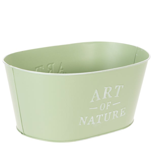 Ovaler hellgrüner Pflanztopf aus Metall mit dem Schriftzug Art of Nature.