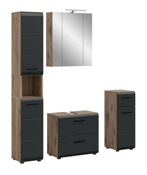 Badezimmermöbel-Set mit Spiegelschrank, Waschbeckenunterschrank, Hochschrank und Beistellschrank in Eiche-Optik mit anthrazitfarbenen Fronten.