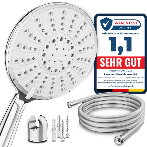 Lyvanas - TESTSIEGER - Duschkopf mit Schlauch und Halterung - Brausekopf für Dusche & Badewanne in extra gross (Ø15cm) - Wellness Regendusche mit 5 Strahlarten