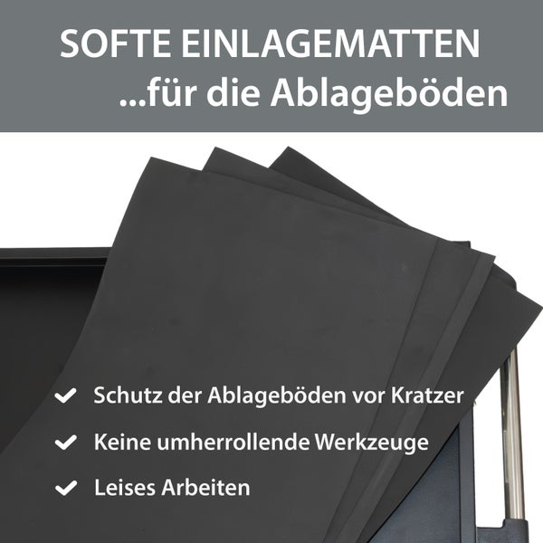 Drei weiche Einlagematten für Werkstattwagen zur Vermeidung von Kratzern und rutschendem Werkzeug.
