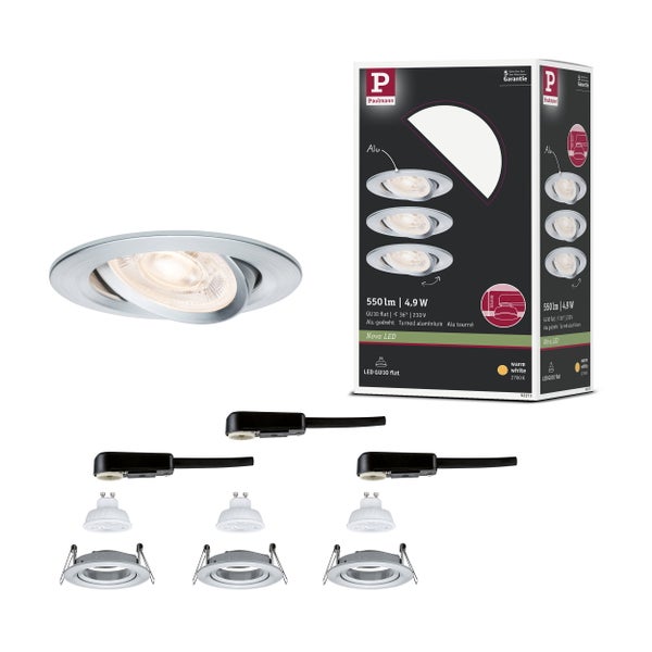 Paulmann Nova LED Einbaustrahler 3er Set aus Aluminium, GU10 4,9 Watt, 550 Lumen, warmweiß 2700 Kelvin, inklusive Leuchtmittel, 5 Jahre Garantie.