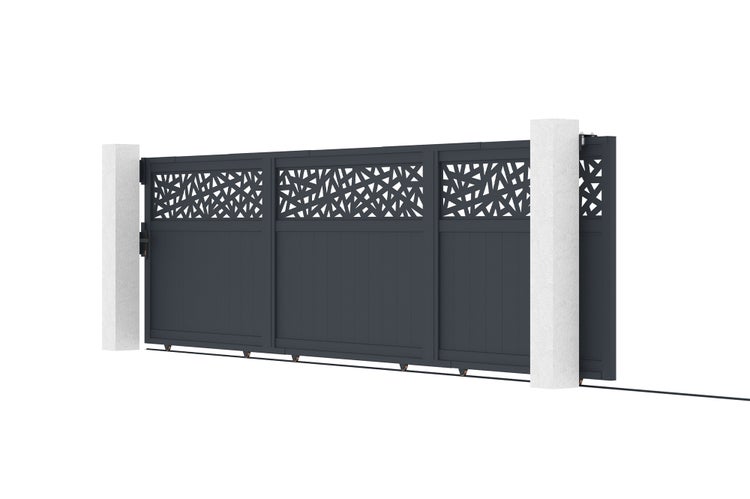 Modernes Schiebetor aus Aluminium in Anthrazit mit dekorativem Muster im oberen Bereich und zwei Pfosten.