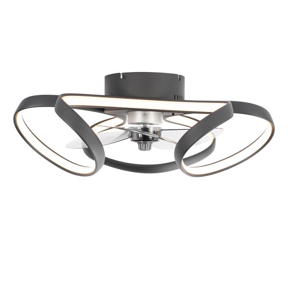 Moderner Deckenventilator mit LED-Beleuchtung, drei geschwungene Lichtelemente, anthrazit, transparente Flügel.