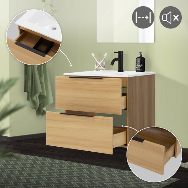 ML-Design Badmöbel-Set 3-teilig, Spiegel 60x60 cm, Unterschrank 60x46,5x53,5 cm, MDF, Braun, Waschbecken 61cm, Keramik, Weiß, modern, Waschtisch, Badezimmermöbel, Badezimmer Möbel, viel Stauraum
