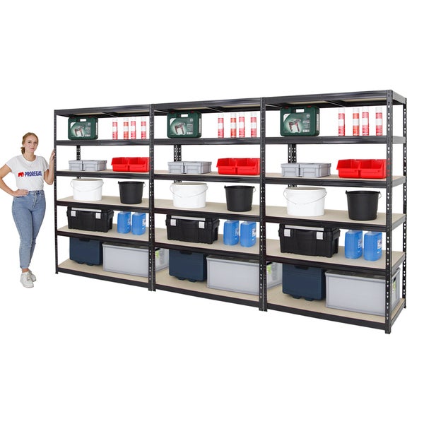 PROREGAL Mega Deal 3x Schwerlastregal Giant Tiger HxBxT 200 x 120 x 60 cm Fachlast 265 kg 6-Ebenen Schwarz