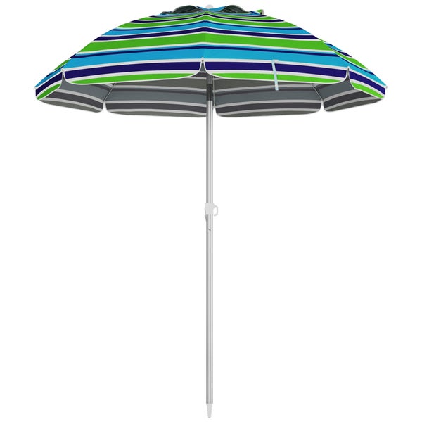 Blau-grün gestreifter Sonnenschirm mit rundem Schirmdach und höhenverstellbarem Metallmast.