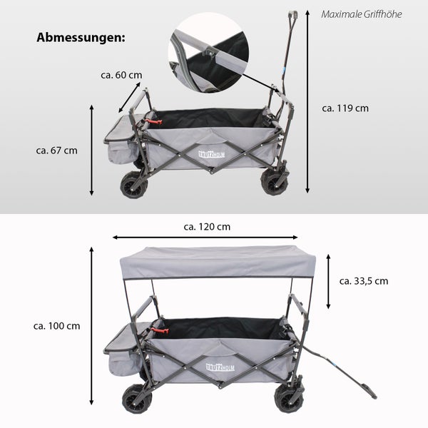 Abmessungen eines grauen Bollerwagens mit und ohne Dach