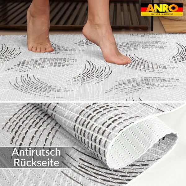 ANRO Softschaummatte mit abstraktem Muster und rutschfester Rückseite, Füße auf der Badematte im Badezimmer. ANRO Logo.