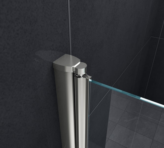 Detailaufnahme einer Duschkabine mit silberfarbenem Profil und klarem Glas.