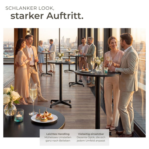 Gruppe von Menschen bei einem Empfang auf einer Terrasse mit Stehtischen und Catering.