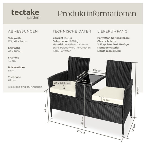 tectake garden Produktinformationen mit Abmessungen und technischen Daten für eine Polyrattan Gartenbank mit integriertem Tisch.