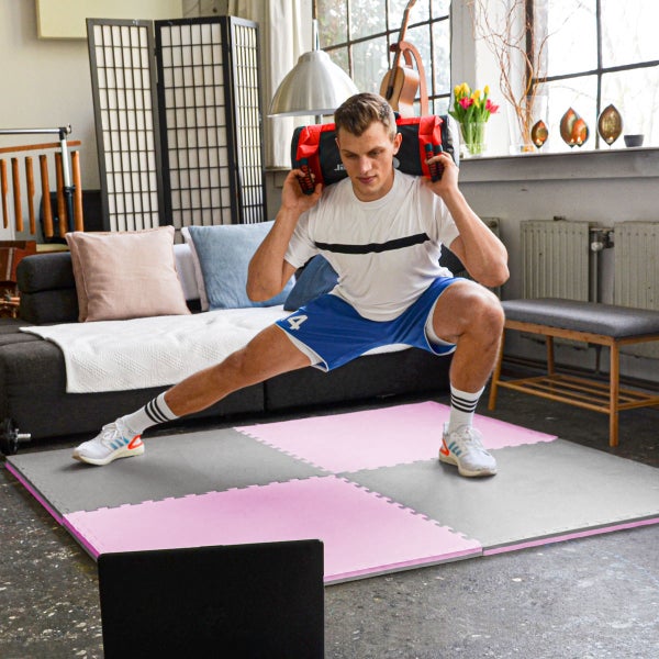 1.6qm Profi Fitnessmatte - 2er Set 90x90x2cm Bodenschutzmatte für Fitnessgeräte Grau Pink