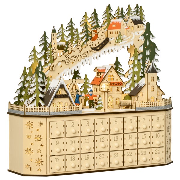Adventskalender aus Holz mit 24 Schubladen und beleuchteter Winterszene inklusive Weihnachtsmann im Schlitten.