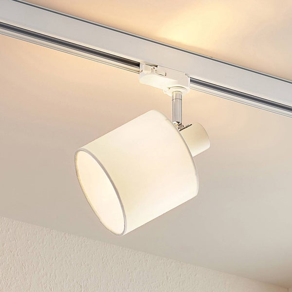 Strahler für Schienensystem mit weißem zylindrischem Textilschirm.