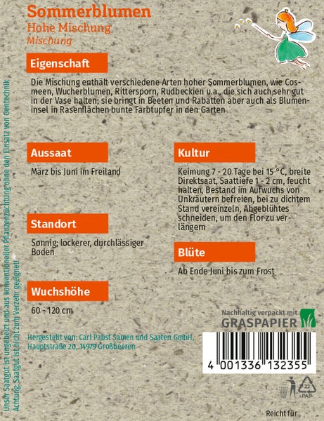 Rückseite der Saatgutpackung Sommerblumen Hohe Mischung von Carl Pabst aus Graspapier mit Details zu Aussaat, Standort, Wuchshöhe und Blütezeit.